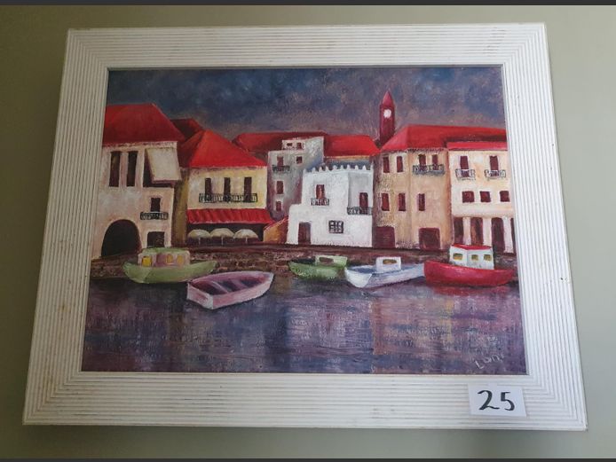 Framed Oil on Canvas "Town Scene"