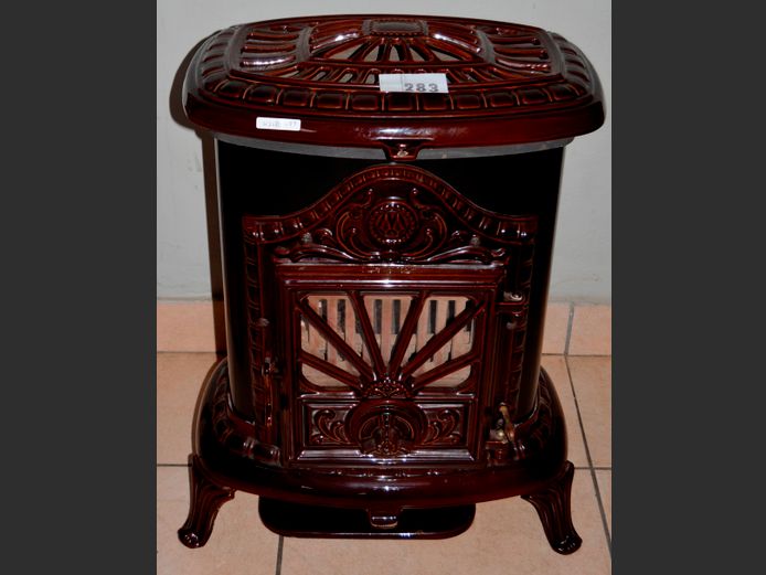FRANCO BELGE ENAMEL WOOD BURNING STOVE WITH CHIMNEY, 46 x 35 x 63cm