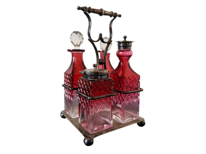 Antique Cranberry Glass Condiment & Cruet Set in Silver-Plated Caddy