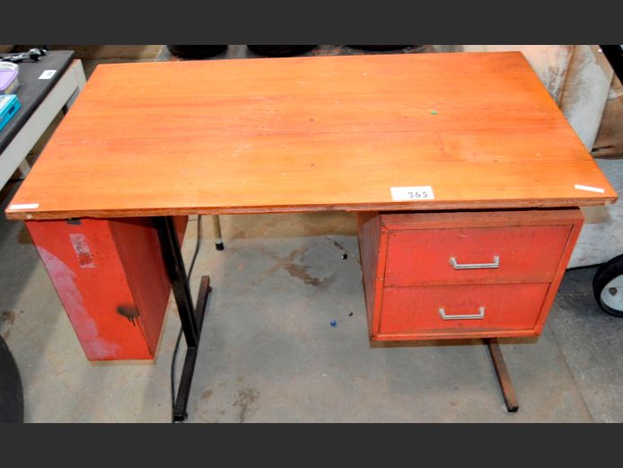 VINTAGE METAL & TEAK TOP2-DRAWER, 2-DOOR DESK, 105 x 60 x 74cm