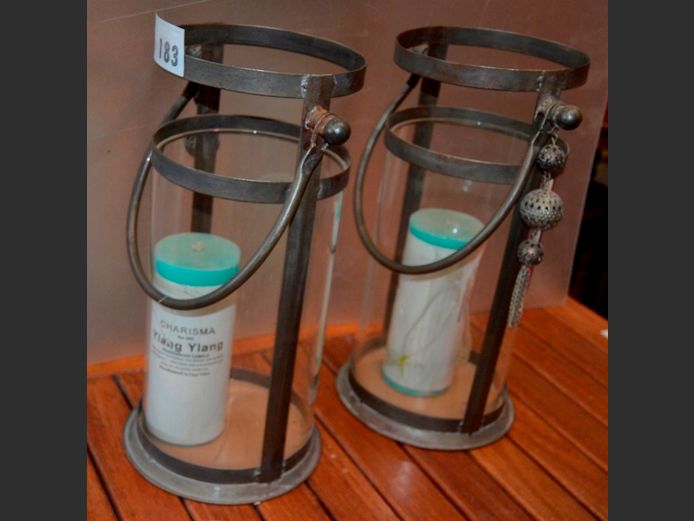 PAIR GLASS & METAL CYLINDRICAL CANDLE LANTERNS, 27cm Diameter x 42cm High