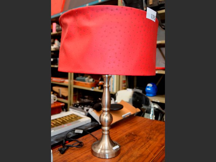 BRUSHED STEEL TABLE LAMP WITH SHADE, 45cm Diameter x 61cm High [Shade damaged]