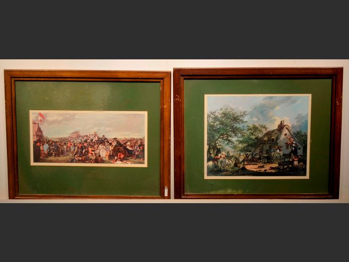 PAIR DARKWOOD FRAMED VINTAGE STYLE PRINTS, 46.5 x 21cm & 41.2 x 32.9cm [Some foxing]