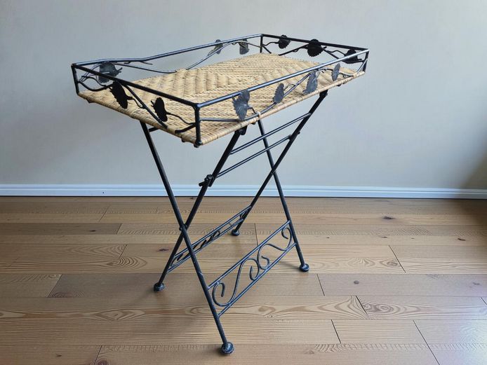 Vintage Wrought Iron & Wicker Folding Tray Table