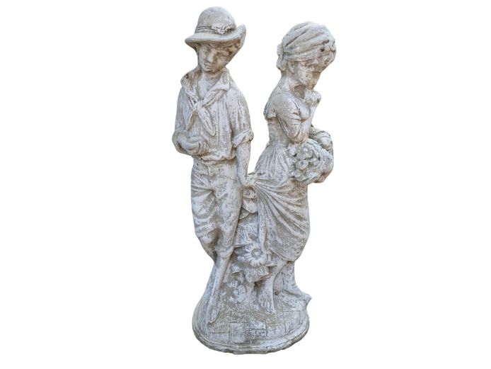 Vintage Concrete Garden Statue of a Boy and Girl