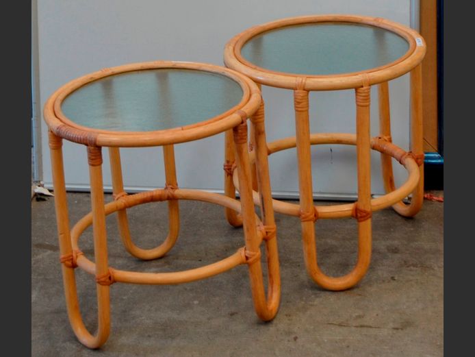 PAIR CANE GLASS TOP SIDE TABLES, 40cm Diameter x 44cm High
