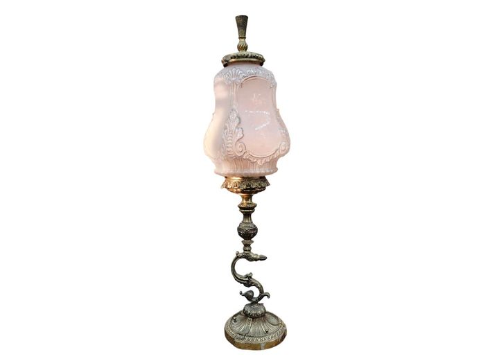 Large French Victorian Brass Lamp with Frosted Patterned Shade