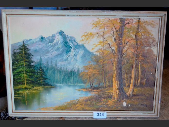 FRAMED OIL ON BOARD "MOUNTAIN & RIVER" SIGNED M. YOUNG, 74 x 49cm [In need of restoration]