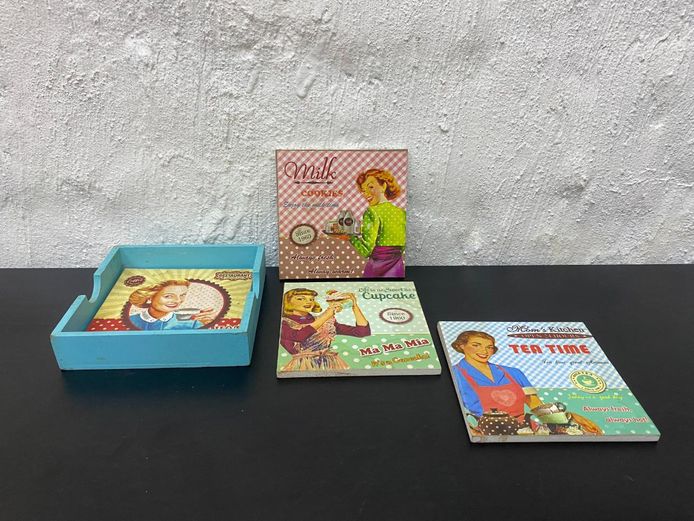 Retro Style Kitchen Coaster Set With Holder