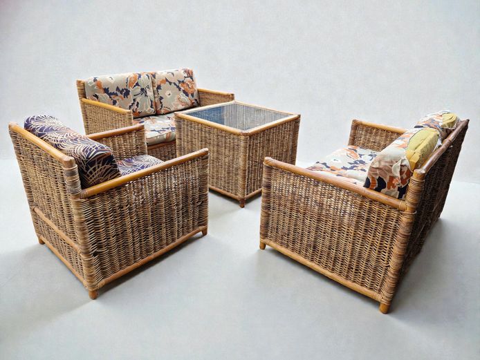 Handwoven Rattan Patio Set & Coffee Table with Glass Top