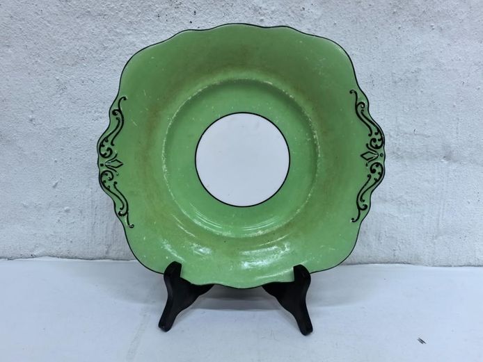 Vintage Art Deco Green & White Scalloped Ceramic Serving Dish
