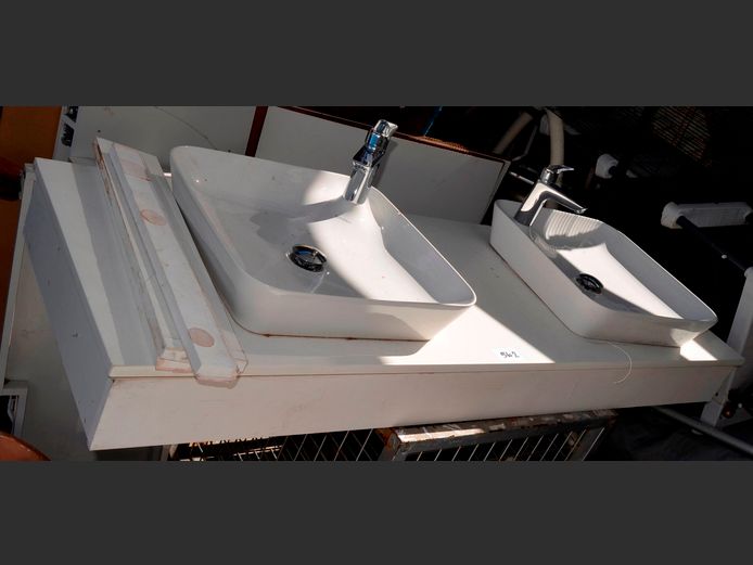 BATHROOM VANITY WITH CERAMIC BASINS & TAPS, 161 x 56cm [Chips to basins]