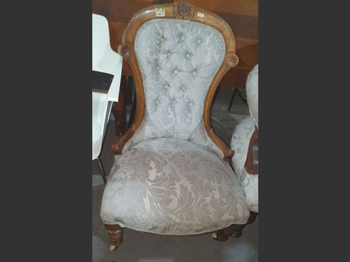 SATINWOOD & GREY UPHOLSTERED BUTTON BACK GRANDMOTHER CHAIR