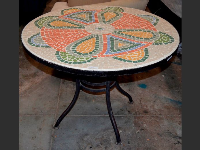 WROUGHT IRON MOSAIC TOP CIRCULAR 4-SEATER TABLE, 92cm Diameter x 68cm High