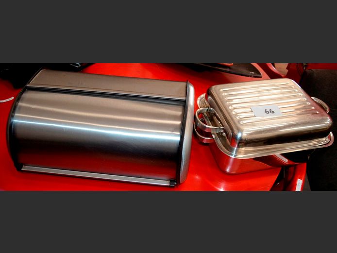 STAINLESS STEEL BRAAI DISH, 32 x 26 x 15cm, & A STAINLESS STEEL BREAD BIN, 42 x 27 x 18cm
