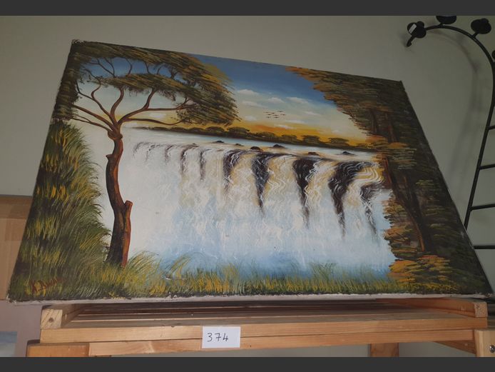 UNFRAMED & SIGNED OIL ON CANVAS "WATERFALL", 109 x 78cm [Tear to canvas]