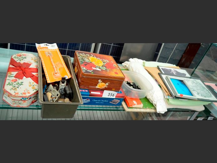 FRAMED CHARCOAL SKETCH, COLLECTABLE TINS, etc