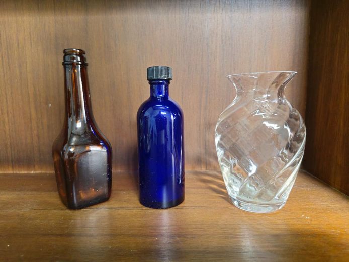 Vintage Glass Bottles and Small Swirl Glass Vase