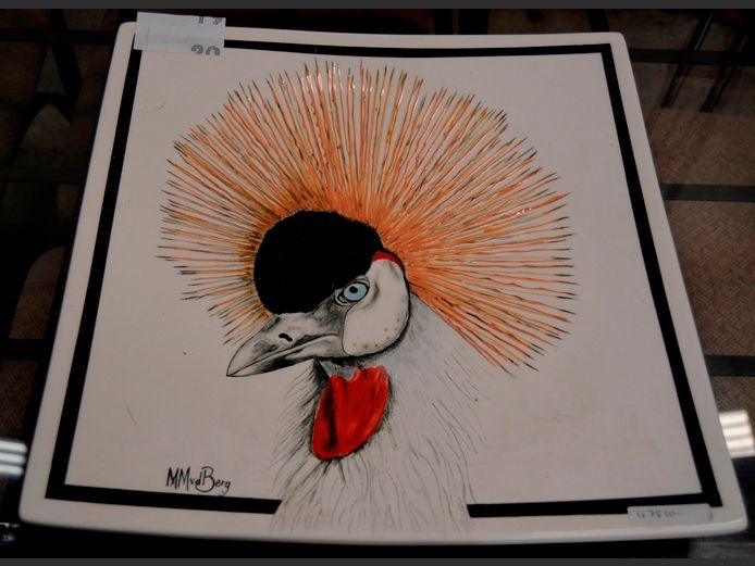 SQUARE HAND PAINTED CERAMIC PLATE "GREY CROWNED CRANE" SIGNED M.M. VD BERG, 41 x 41cm