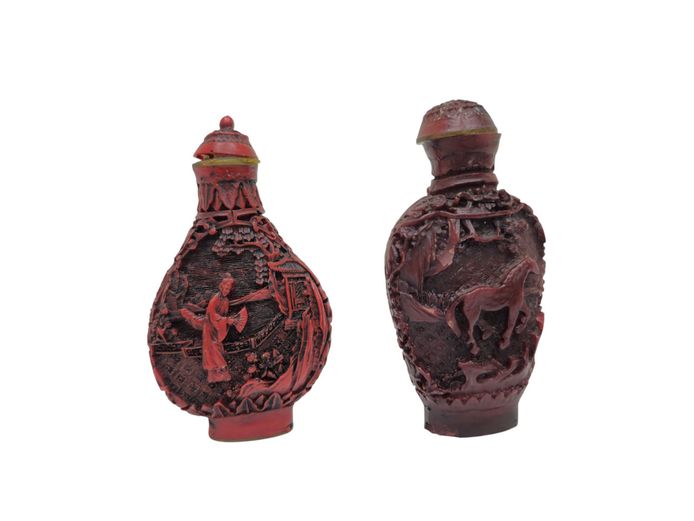 Pair of Fine Vintage Chinese Relief-Carved Red Cinnabar Snuff Bottles
