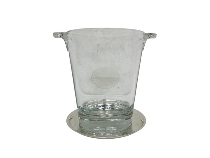 Vintage Etched Glass Ice Bucket with Silver-Plated Drip Tray