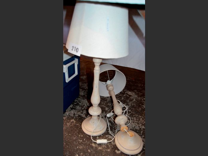 PAIR CREAM PAINTED TABLE LAMPS WITH SHADES, 66cm High [1 Damaged]