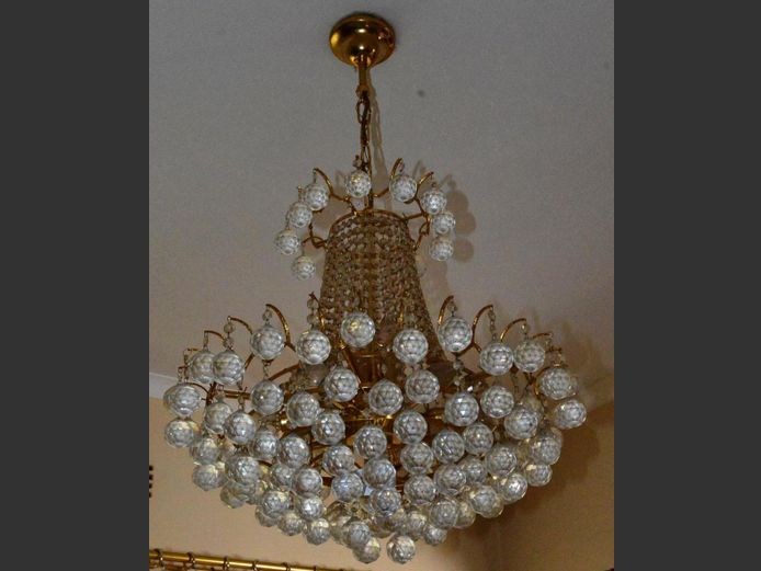 BRASS PLATE & CRYSTAL CHANDELIER