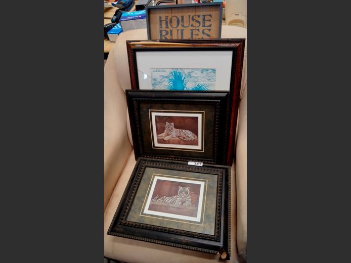 FRAMED MAP PRINT OF AFRICA, TIGER PRINTS, WALL DECOR, etc