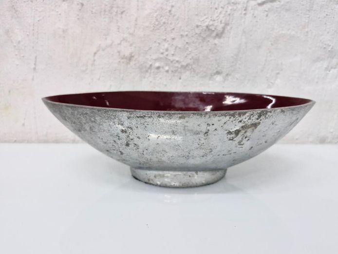 Metal Oval Planter Bowl - Textured Silver & Maroon Enamel, Pedestal Dish
