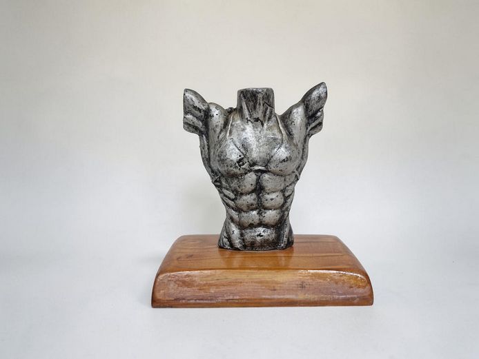 Contemporary Silvered Male Torso Sculpture on Wooden Base