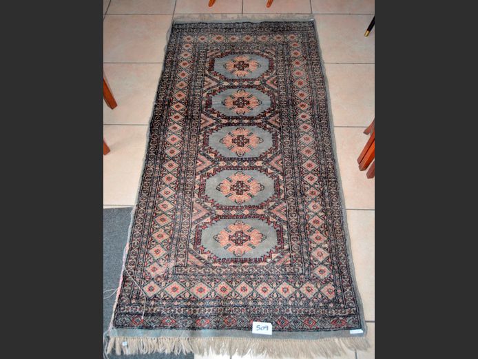 LIGHT BLUE, BLACK & BEIGE PERSIAN RUG, 175 x 90cm [Frayed in places]