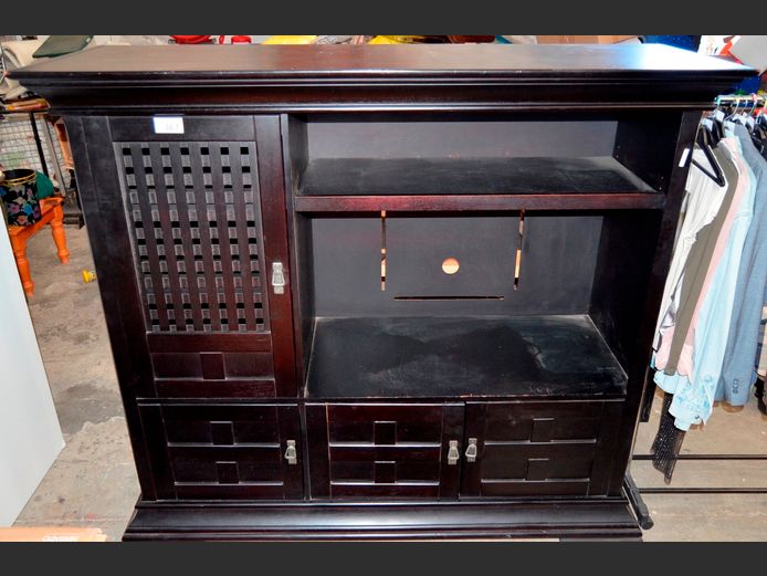 DARK STAINED 4-DOOR ENTERTAINMENT UNIT, 177 x 59 x 156cm