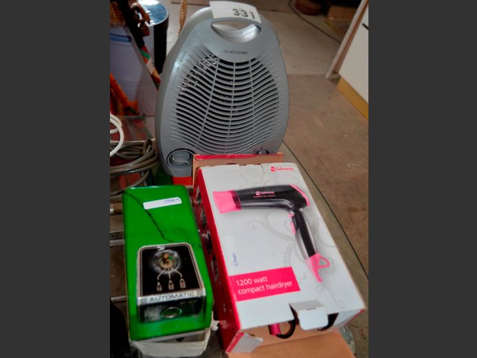 ELM V-28 VINTAGE PENCIL SHARPENER [Casing cracked], AIM FAN HEATER & A SAFEWAY HAIRDRYER [Switch on, untested further]