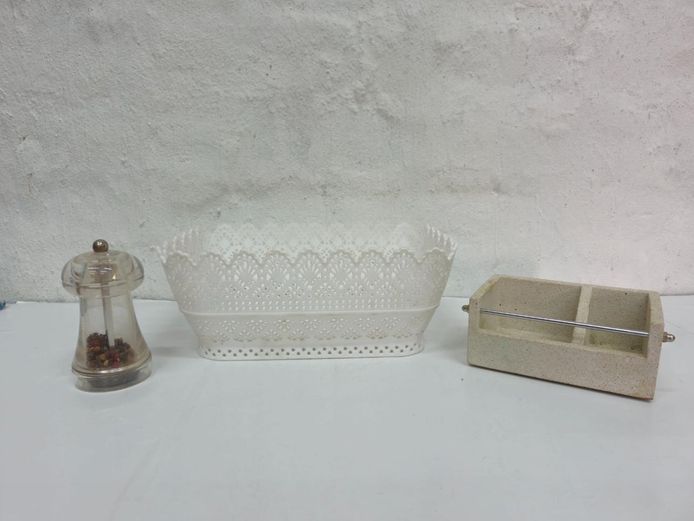 Vintage Kitchen Lot: Pepper Grinder, Plastic Lace Basket & Stone Caddy