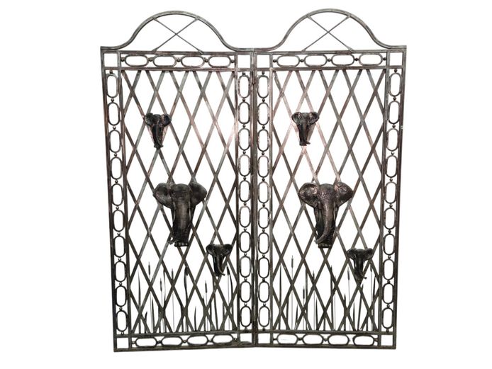 Two-Panel Architectural Elephant Motif Steel Room Divider Screen