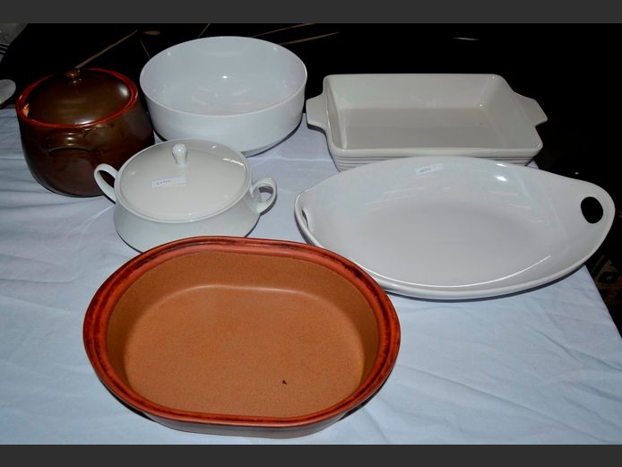 WHITE PLATTERS, SALAD BOWL, STONEWARE SOUP TUREEN WITH LID, etc