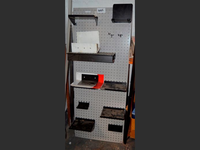 LOT: 4 x GREY PAINTED WALL MOUNT RACKS WITH ACCESSORIES
