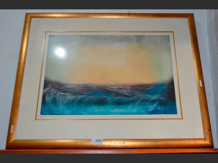 LARGE GILT FRAMED PRINT "AURORA" SIGNED M. WELLS, 88 x 61cm
