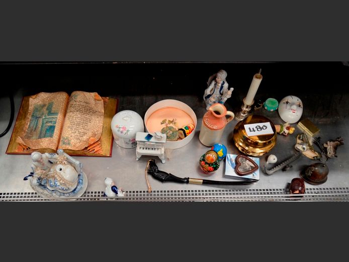 CERAMIC BOWL WITH LID, ORNAMENTS, etc