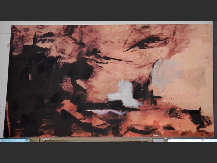 LARGE UNFRAMED ABSTRACT MIXED MEDIA ON CANVAS, 195 x 120cm