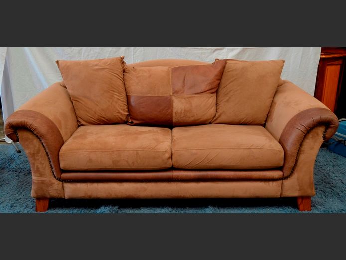 GRAFTON EVEREST BEIGE & BROWN SUEDE & LEATHER 2-SEATER COUCH, 210 x 95cm