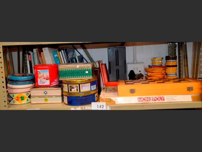 CHESS SET, BOOKS, COLLECTABLE TINS, etc