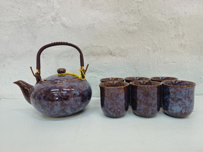 Japanese-Style Mottled Ceramic Tea Set with Teapot and Matching Cups