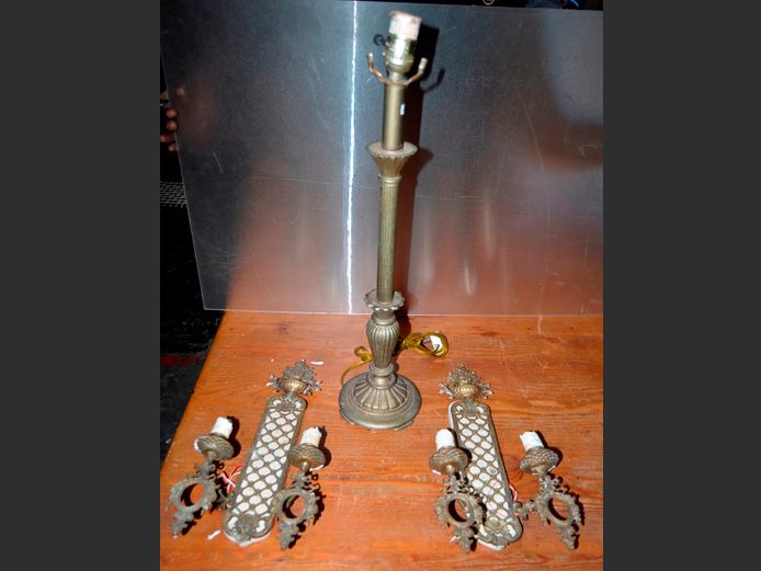 BRASS TABLE LAMP, 60cm High, & PAIR 2-ARM WALL SCONES, 42cm High