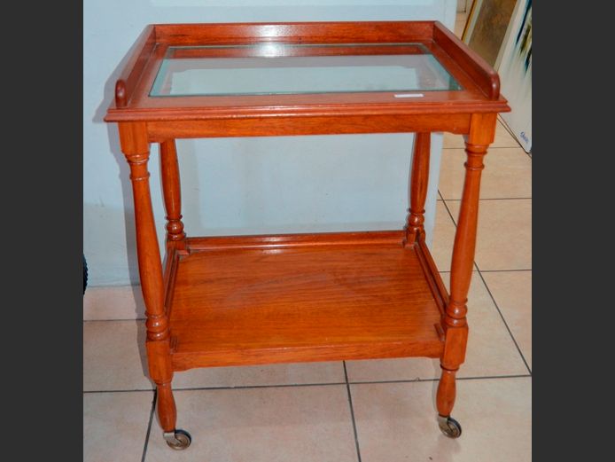 TEAK 2-TIER TEA TROLLEY WITH GLASS TOP, 64 x 42 x 80cm