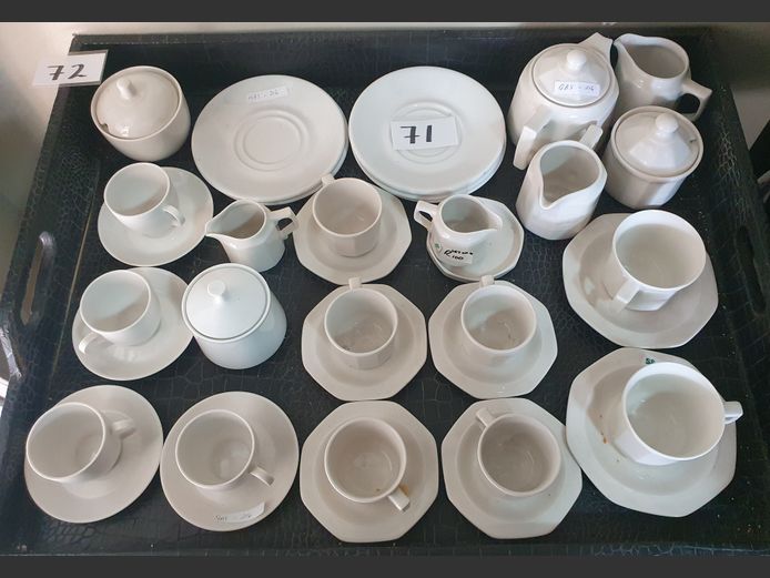 LOT: WHITE CUPS, SAUCERS, TEAPOT WITH LID, etc