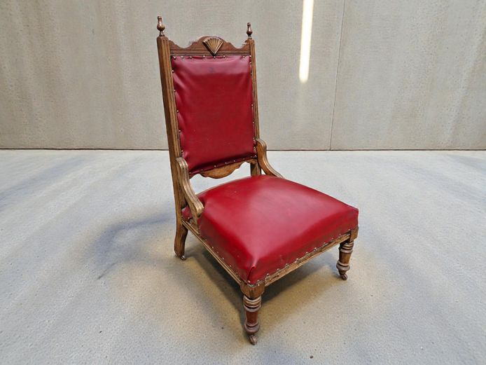Antique Victorian Red Vinyl Upholstered Chair on Castors