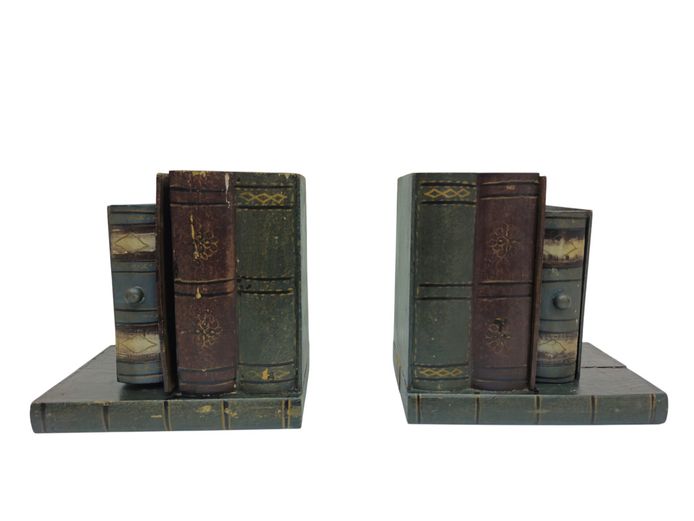 Pair of Vintage Hand-Painted Bookends with Secret Compartments & Drawers