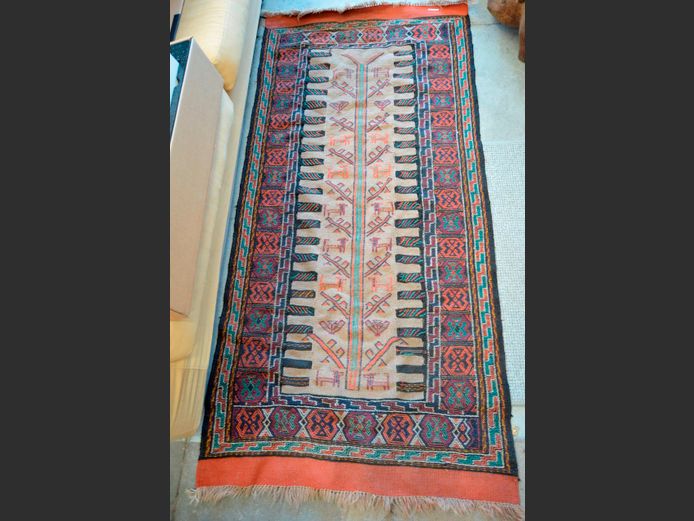 BURGUNDY, BEIGE & BROWN KELIM RUG, 192 x 93cm