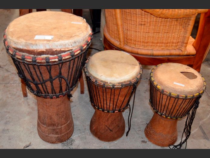 LOT OF 3: BONGO DRUMS, 40 x 64cm, 29 x 44cm & 25 x 41cm respectively [Small drum damaged]
